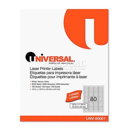 United Stationers Supply Universal® Laser Printer Permanent Labels, 1/2 x 1-3/4, White, 8000 Labels UNV80001